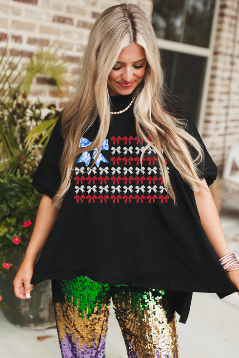 Black American Flag Inspired Bow Graphic Drop Shoulder T Shirt